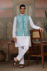 White Kurta Teal Green Koti